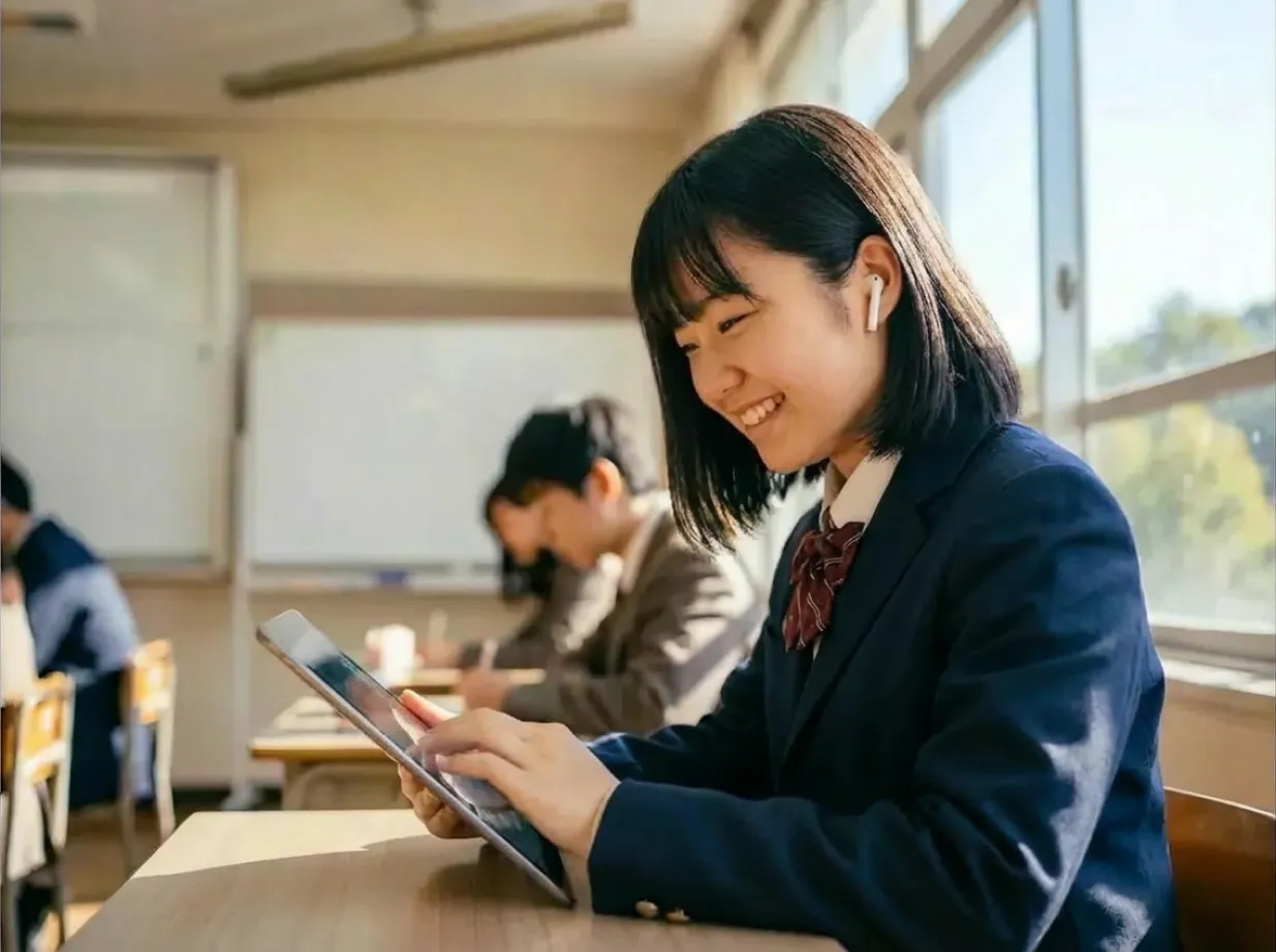 タブレットで学習する生徒